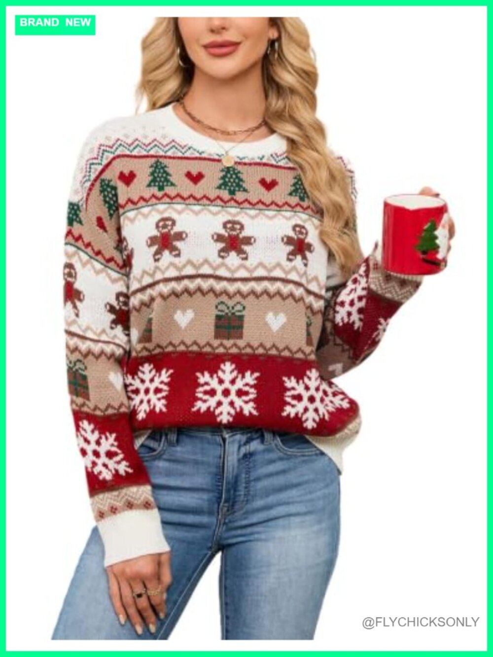 Womens Christmas Reindeer Snowflake Jacquard Pullover Sweater Crew Neck